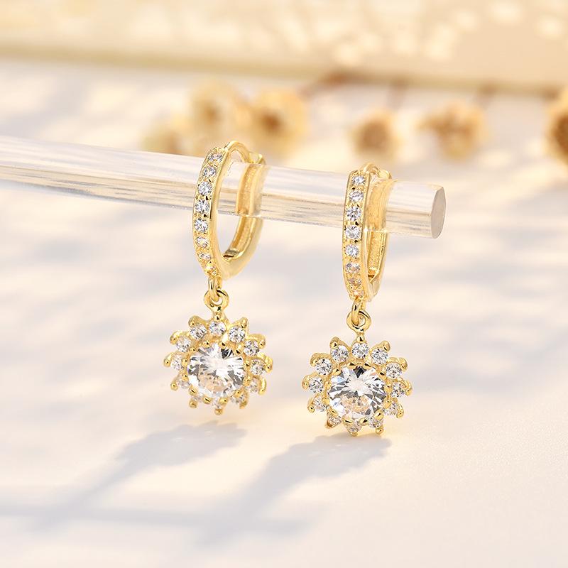 Gold-Plated Moissanite Sunflower Earrings with 925 Sterling Silver Needles & Zircon Backs for Women