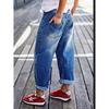 Jeans da donna con orli arrotolati, tasche cucite, vita media, gamba a botte, jeans cropped da donna