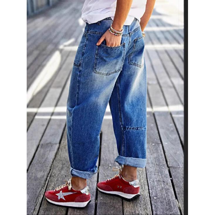 Jeans da donna con orli arrotolati, tasche cucite, vita media, gamba a botte, jeans cropped da donna