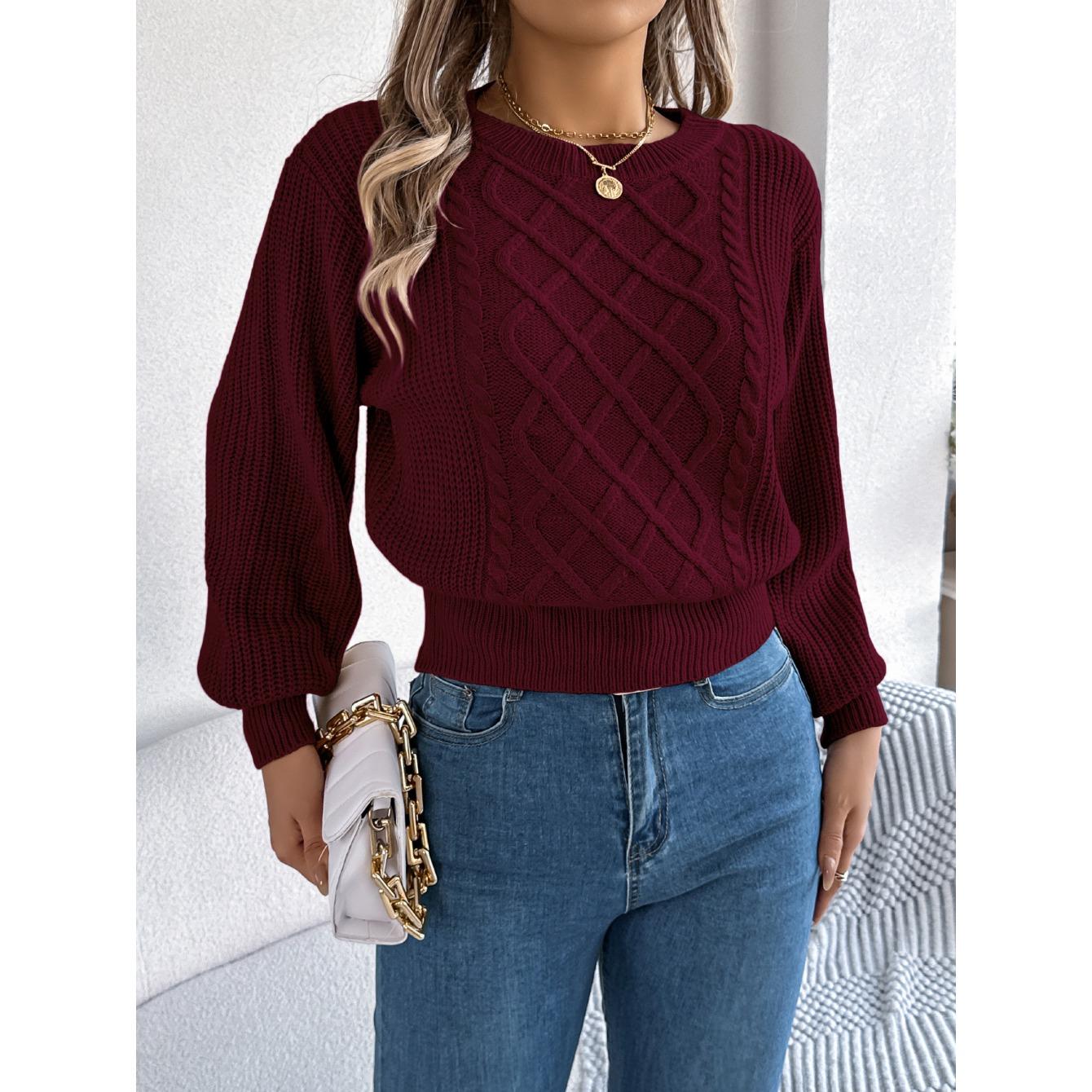 

QICED Осенне-зимний однотонный свитер-пуловер с длинными рукавами и переплетением «фонарик», подчеркивающий талию, для женщин XL бордовый