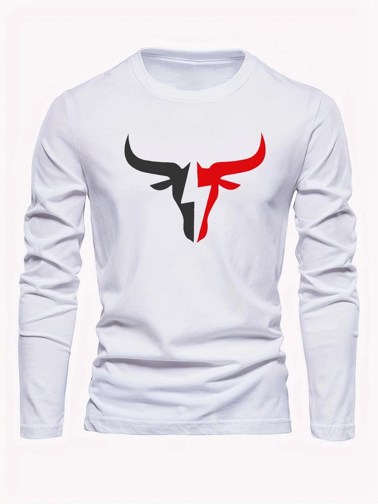 Men's Loose Fit Plus Size Comfortable Casual Sports Bull Pattern Printed Round Neck Long Sleeved T-shirt Top