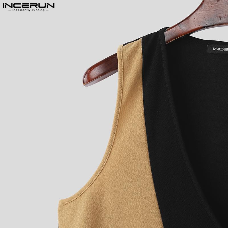 INCERUN Men V Neck Sleeveless Stitching Waistcoat and Long Pants Outfits Sets