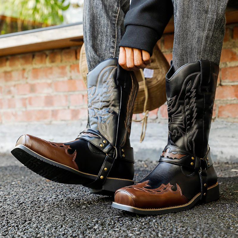Men's Large Size Western Cowboy Leather Boots - Autumn Embroidered, Square Toe, High Top.