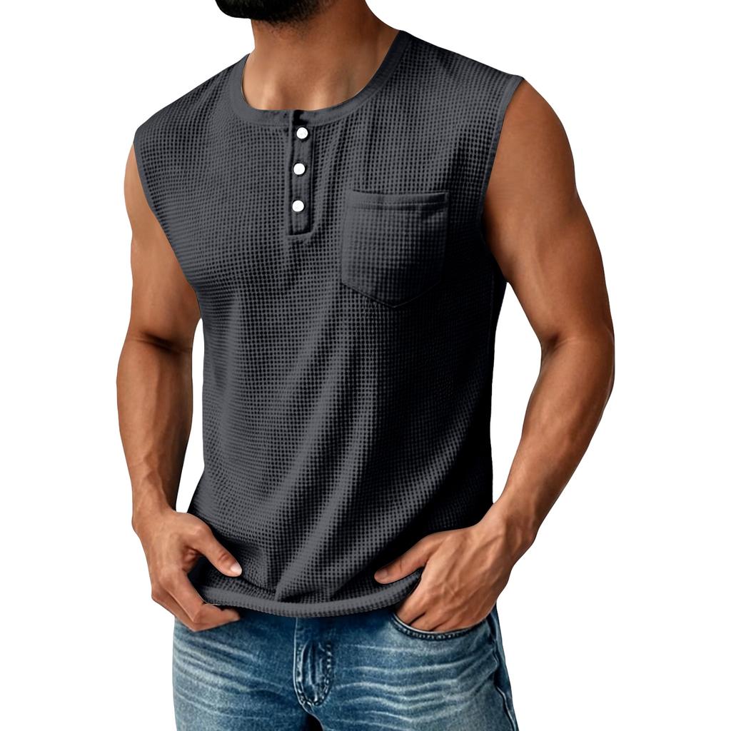 Canotta Henley da uomo in maglia senza maniche con taschino sul petto e chiusura a bottoni, vestibilità casual atletica per l'uso quotidiano