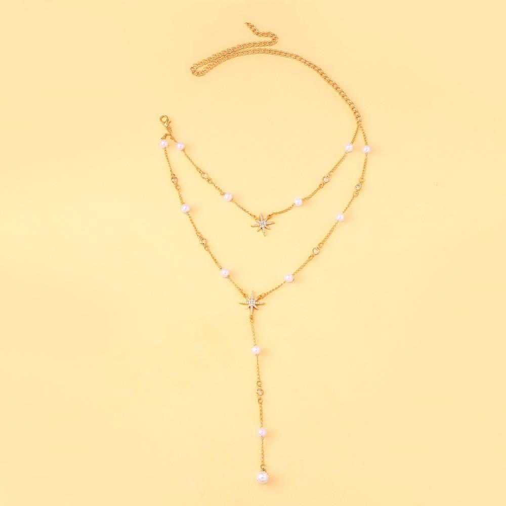 Minimalist Eight Pointed Star Double Layer Pearl Choker Necklace Versatile Bridal Jewelry For Women золотой