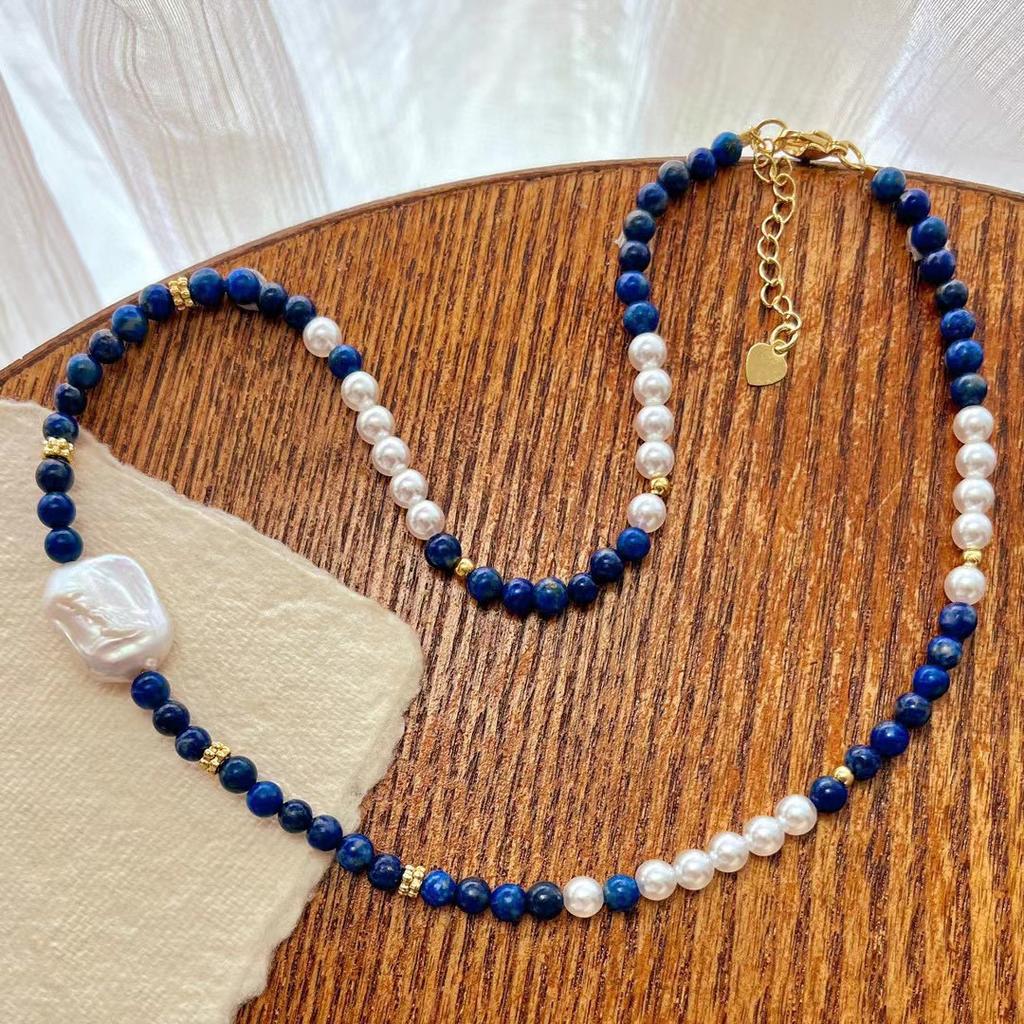 Vintage High Quality Natural Lapis Lazuli Baroque Freshwater Pearl Artificial Imitation Australian White Round Bead Necklace