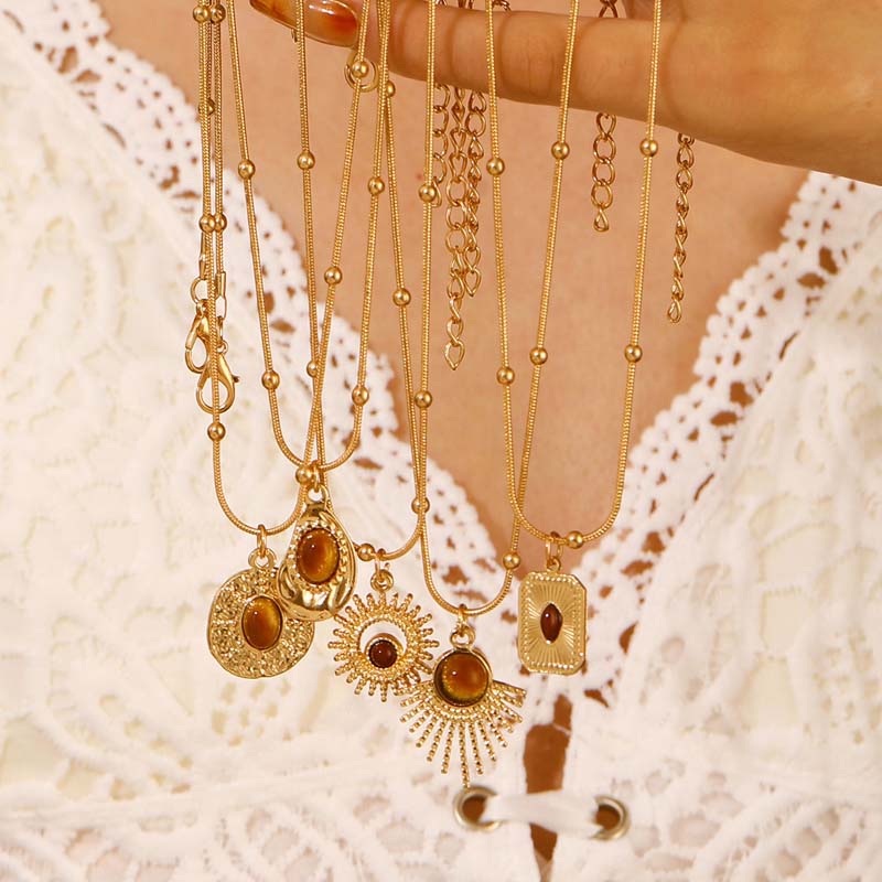 iF ME 5PCS Vintage Brown Opal Pendant Necklaces for Women Maillard Gold Color Metal Geometric Choker Necklaces Y2K Jewelry Accessories