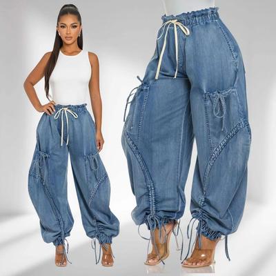 Jeans a gamba larga con lacci, pantaloni cargo sexy da donna, vita alta, eleganti, stile streetwear, pantaloni larghi in denim