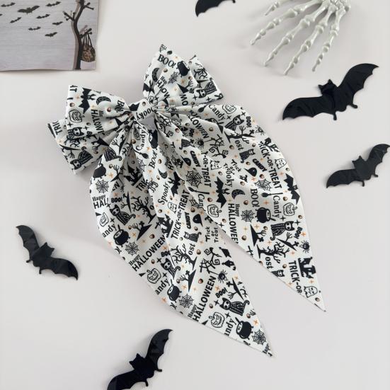 Festive Halloween Hair Accessory Bow Spring Clips for Women, Pumpkin Skeleton Ghost Hand Printed Clip Fabric Barrettes, Cute Horror Accessories