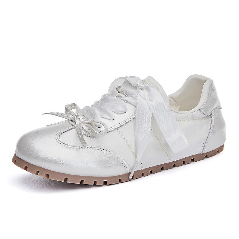 Leather German Training Shoes 2025 Summer New Flat-bottomed Sports Bow Ballet Women's Shoes Casual Versatile White Shoes Women