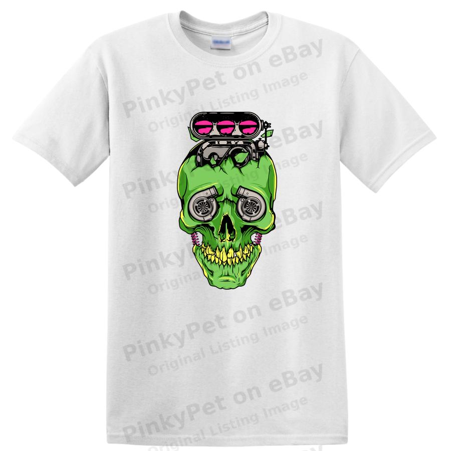 Green Skull Engine Graphic T Shirt Motorhead Gift Cool Tee Automotive Art