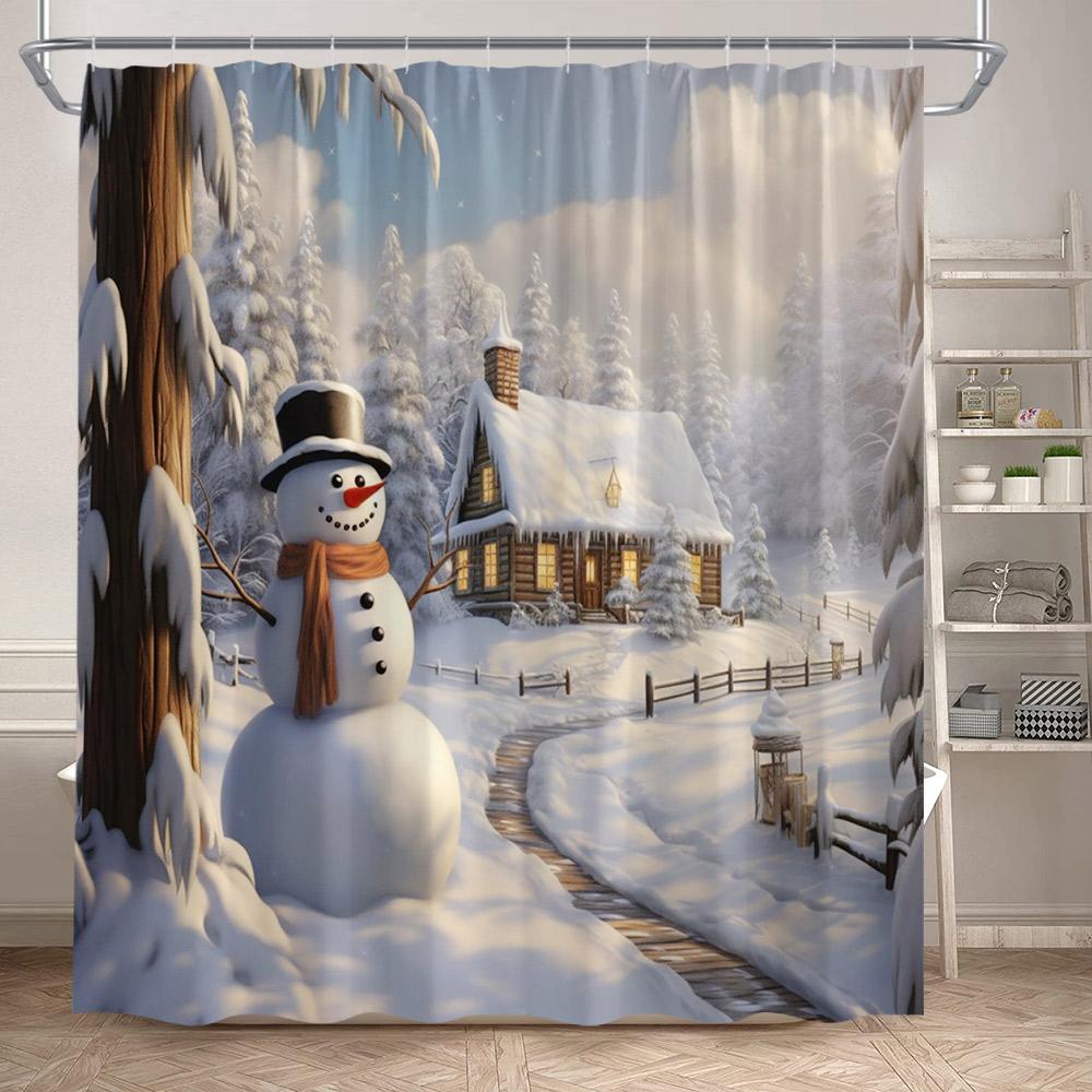 Winter Christmas Shower Curtains Funny Santa Claus Reindeer Snowman Red Xmas Balls Snow Home Bathroom Curtain Decor With Hooks