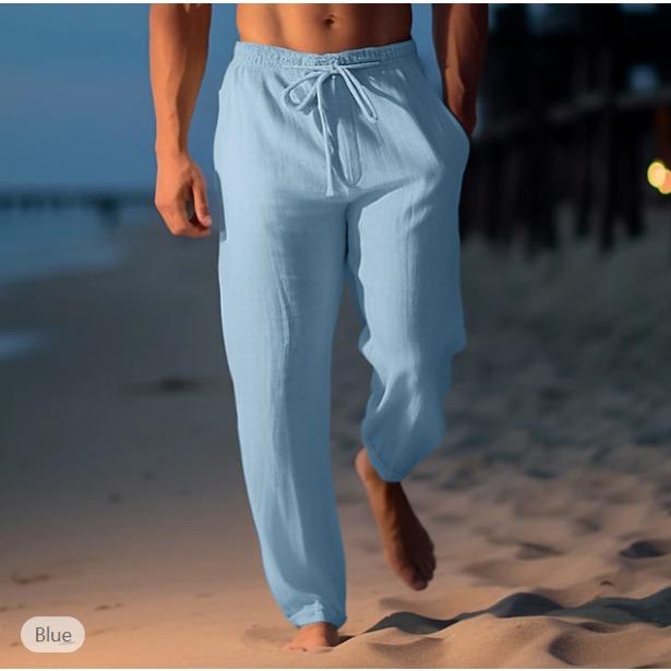 Men's linen trousers summer pants beach pants drawstring elastic waist straight flat comfortable breathable casual daily
