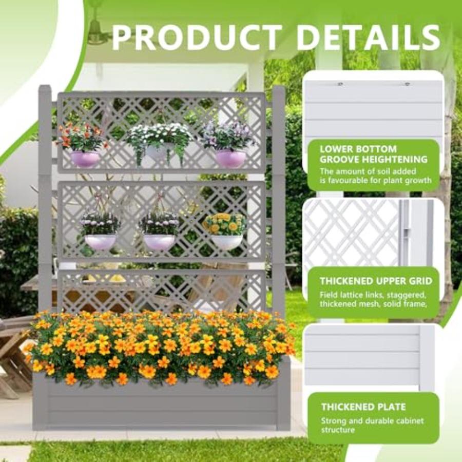 Raised Garden Bed with Trellis for Climbing Plants Durable Dust-Proof Resin Planter in Green with Drainage Plug Water Level Gau