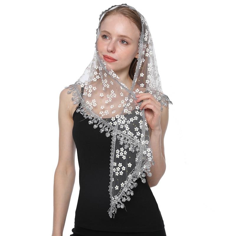 Lenço triangular feminino para igreja, xale de oração bordado, véu de renda floral, cobertura de cabeça com borla, mantilhas para a igreja