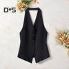 Chaleco de Traje Halter con Cuello en V para Mujer Abotonado Sin Espalda Blazer Chaleco sin Mangas Crop Camiseta sin Mangas Vintage Elegante