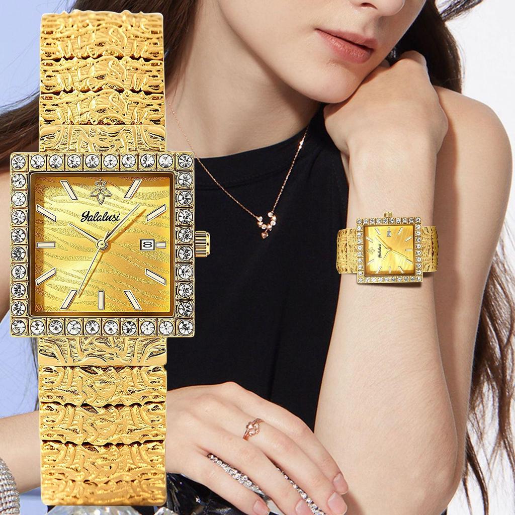 Luxury Square Quartz Watch Crystal Bezel Textured Dial Vintage Carved Metal Bracelet Waterproof Daily Dress Watch for Men Women Couple Matching Watch