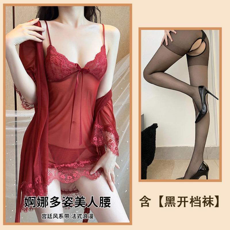 Sexy Women's Pajamas, Be Careful, Large Size Lace Mesh Yarn, Pure Desire Wind, Hot Transparent Robe, Four-piece Home Furnishing