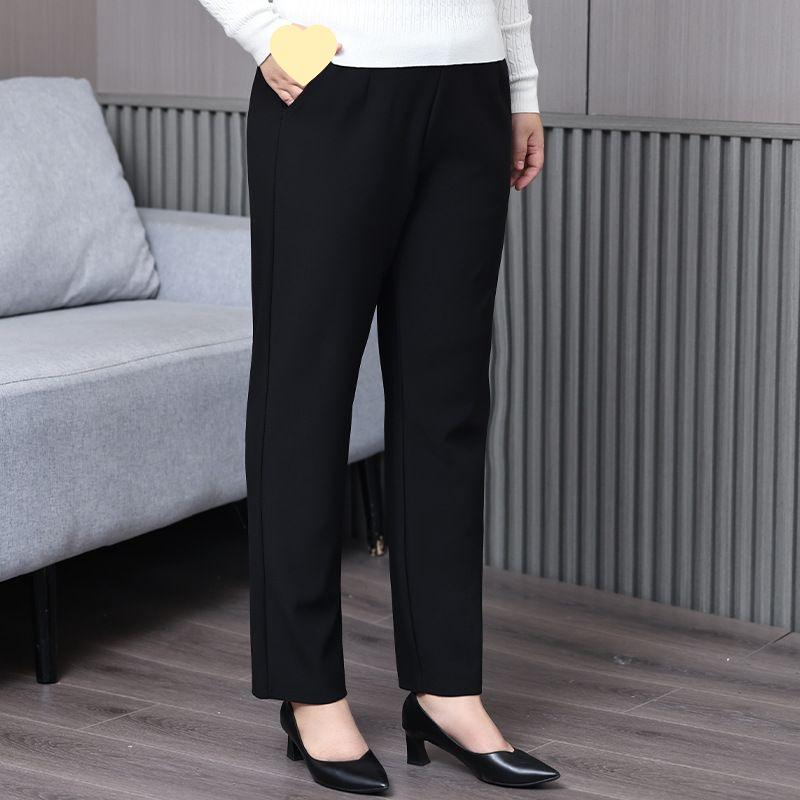 Women's Plus Size Black Slimming Elastic Waist Casual Pants with Autumn Pockets