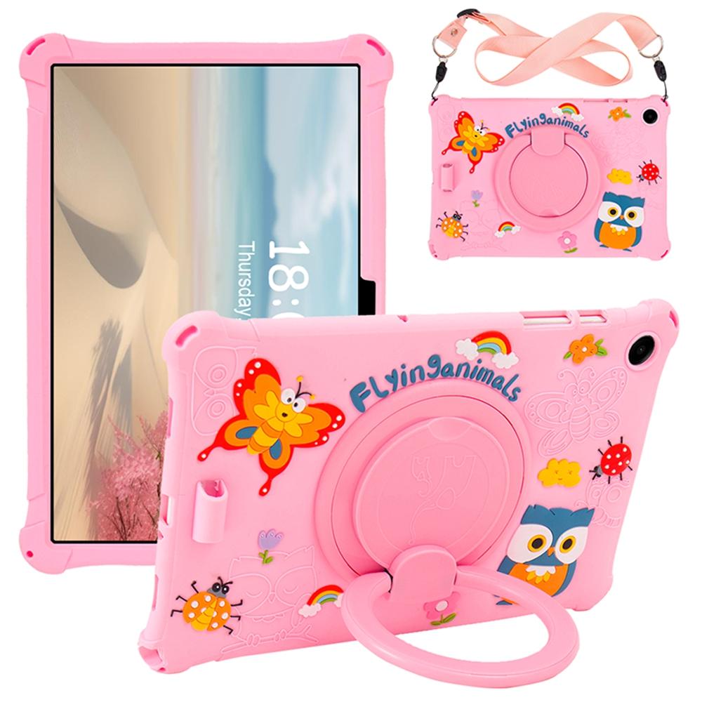 For Samsung Galaxy Tab A9+ Case Rotatable Kickstand Cute Cartoon Silicone Tablet Cover with Lanyard