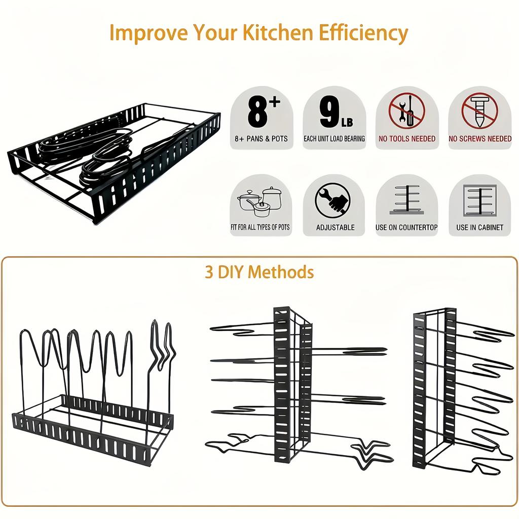 8 Layer Iron Pot Rack Trimmers, Heavy Metal Pot Storage, Anti-rust Kitchen Rack with Skid Resistant Course