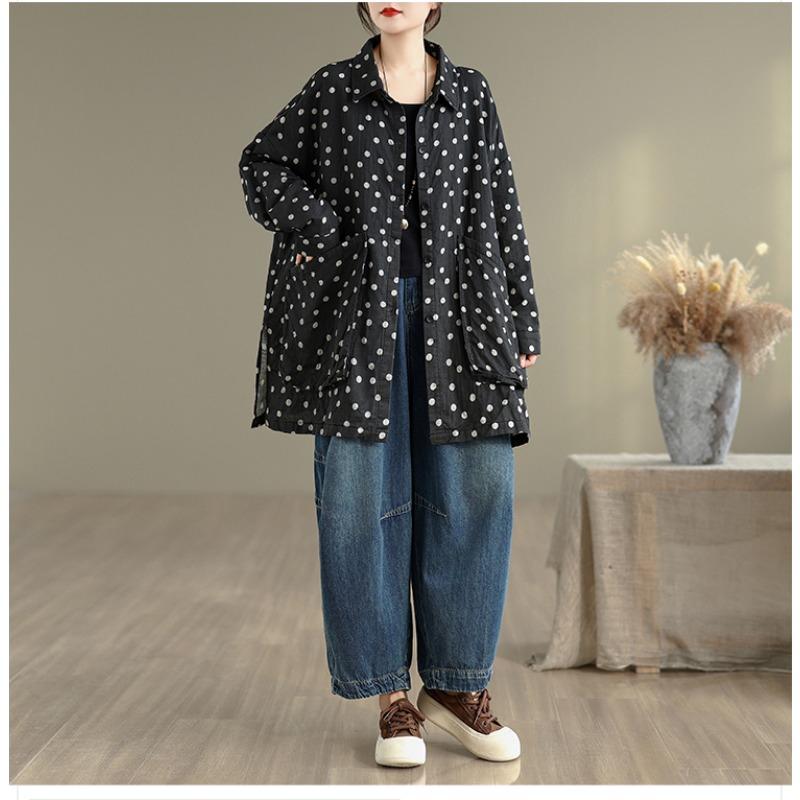 DIMANAF New Plus Size Autumn Women Coat Basic Long Sleeve Jackets Vintage Casual Loose Outerwear Black Cotton