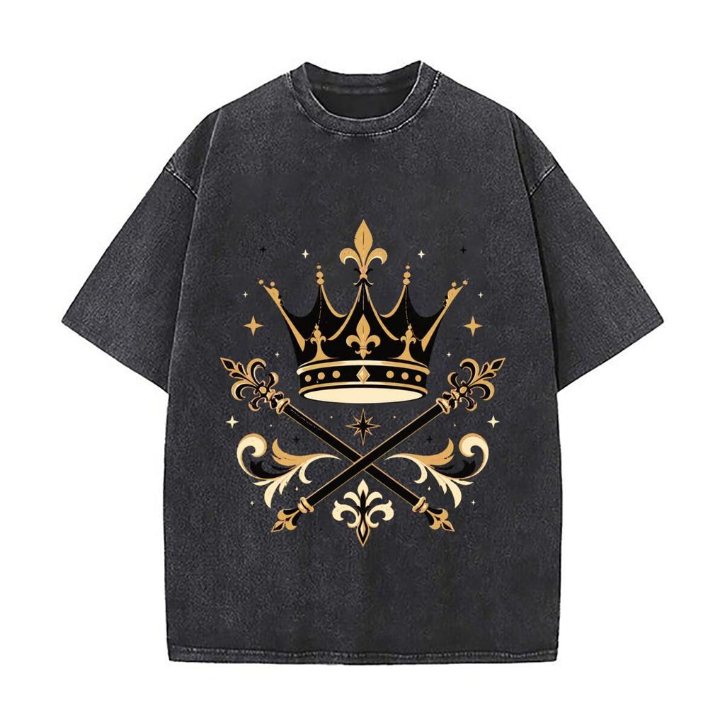 Minimal Royal Crown Emblem Graphic Retro Washed Distressed T Shirt Men Summer Casual Short Sleeve