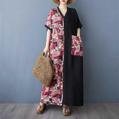 Color Patchwork Black Long Dress Retro Robe