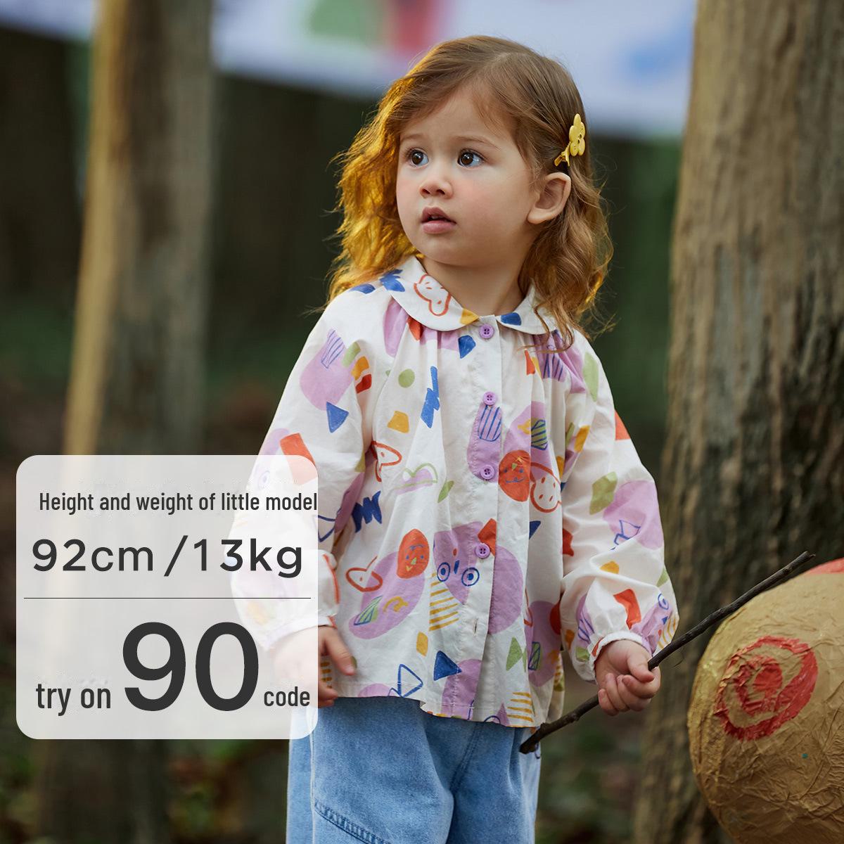 

Милая рубашка для девочек весна 2025 года: Повседневный топ с большим лацканом и принтом 120cm