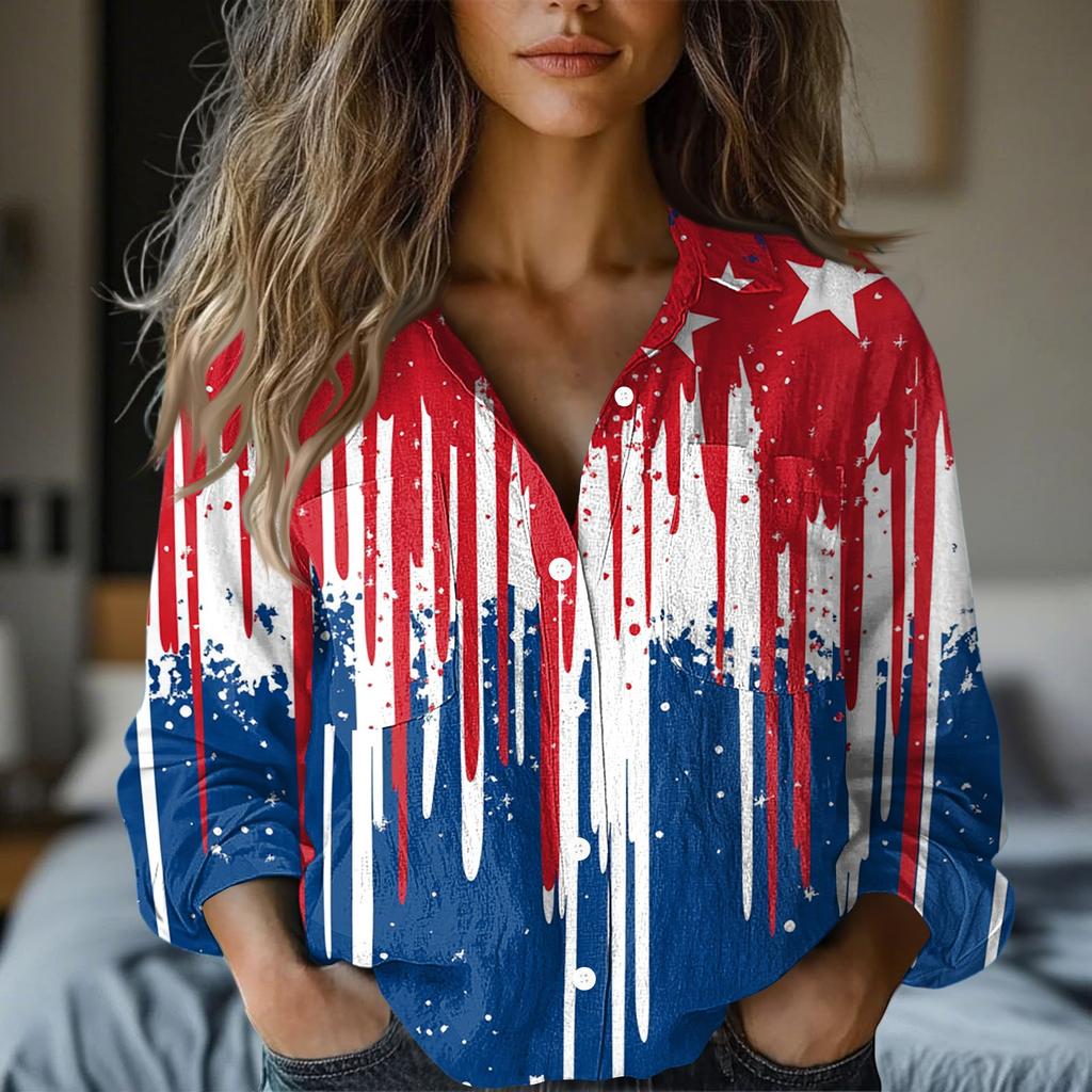 Women's Fashion Button Lapel Pocket Casual Shirt Independence Day Long Sleeve Top
