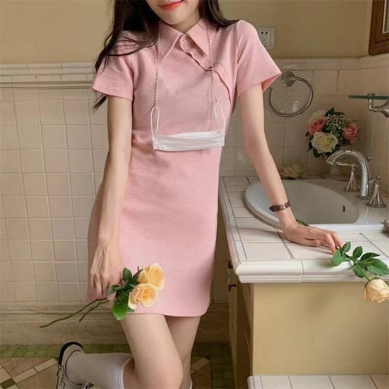 [Spot] Summer new diagonal buckle lapel slim polo skirt slim elastic slim waist fine jumpsuit