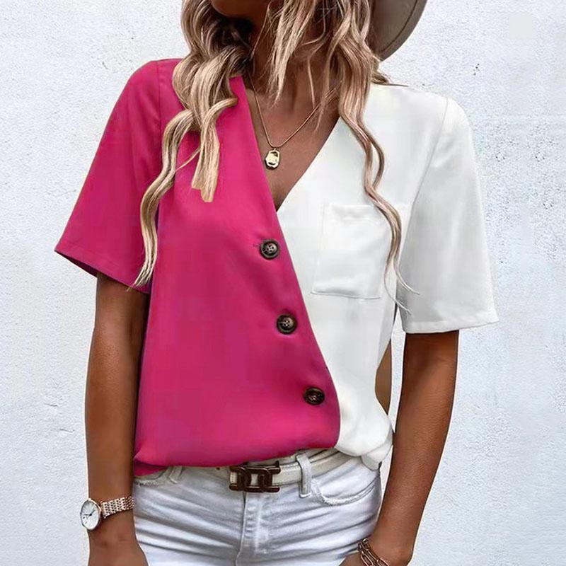 

Модные повседневные пуловеры с короткими рукавами и V-образным вырезом на пуговицах, футболка, топ XXXL персидский розовый