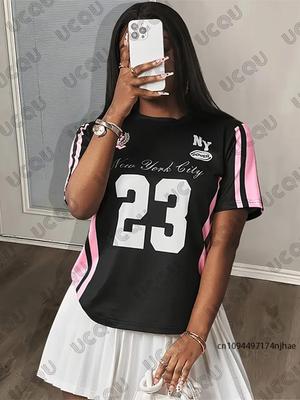 Summer Black and Pink Printed Women's T-Shirt, Short-Sleeve Sporty Soccer Jersey, Casual Loose Top