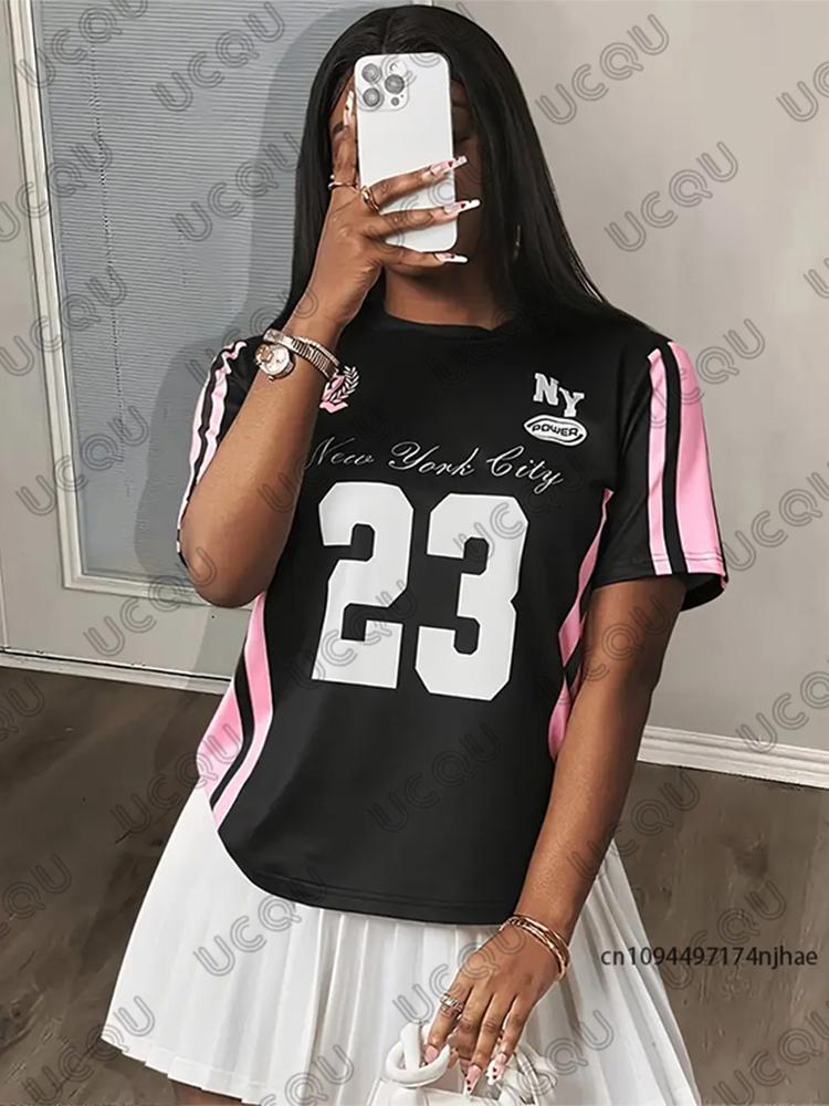 Summer Black and Pink Printed Women's T-Shirt, Short-Sleeve Sporty Soccer Jersey, Casual Loose Top