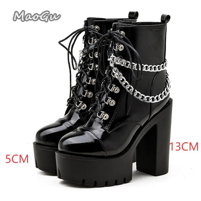 Fashion Punk Style Super High Heel Goth Boots Black Chunky Heeled Metal Decor Women's Ankle Boots Platform Botas Mujer Size35 42 Botines