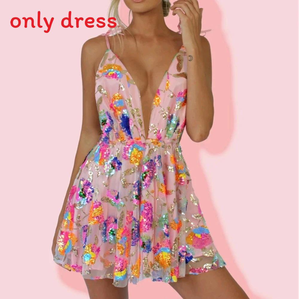 Elegant Polyester Sequin Short Dress With Vneck And Backless Design For Summer Party Wear