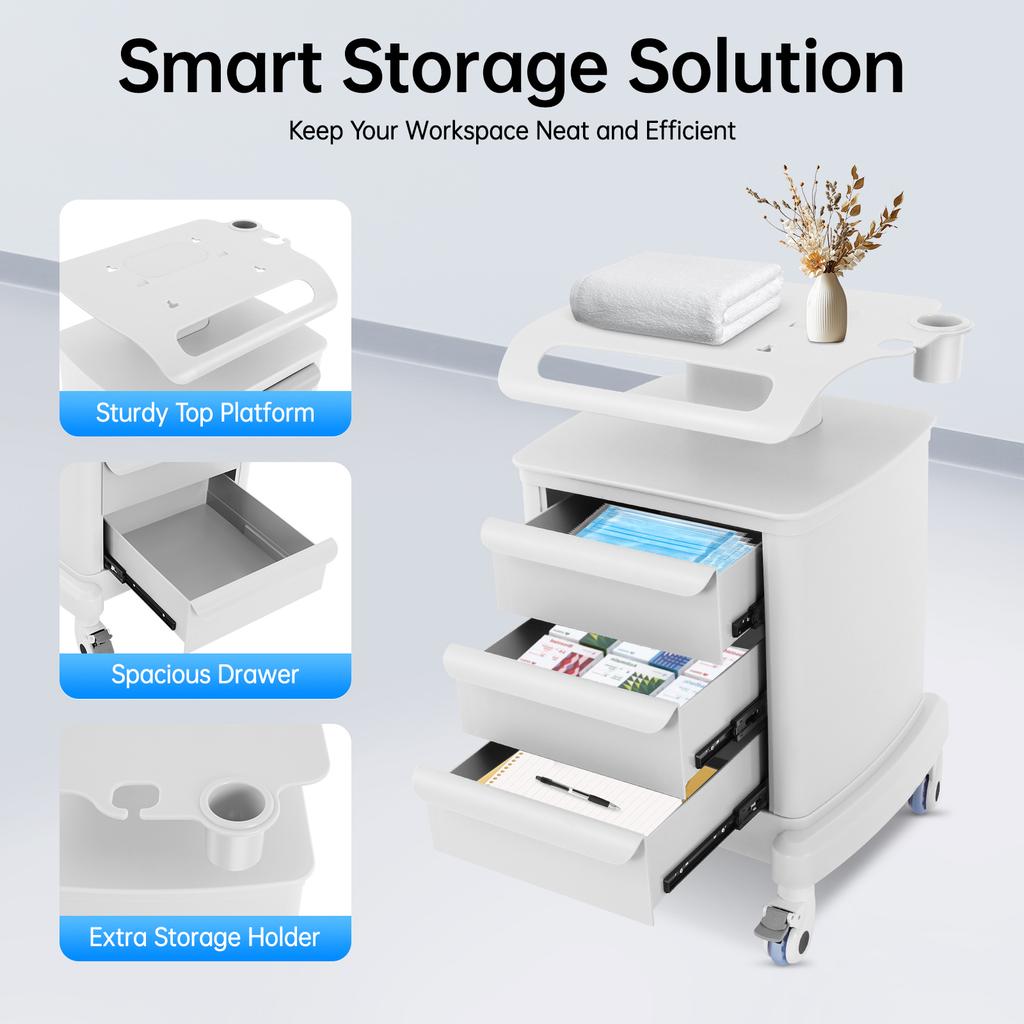 Beauty Trolley Cart ABS Mobile Storage Organizer with 3 Drawers, 30kg Load & 4 Wheels for Salon Clinic Spa