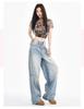 Women's Light Blue High-Waisted Ripped Straight-Leg Jeans - Street Style, Autumn/Winter, Loose Fit, Slimming Effect.