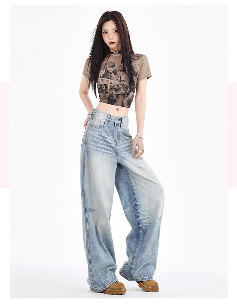 Women's Light Blue High-Waisted Ripped Straight-Leg Jeans - Street Style, Autumn/Winter, Loose Fit, Slimming Effect.