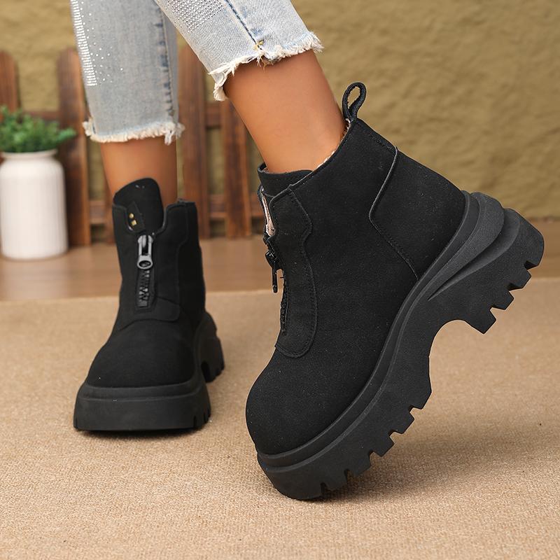 Black Slimming Lace-up  Boots for WomenNew Spring and Autumn British Style Height-Increasing Chunky Heel Low-Cut Boots