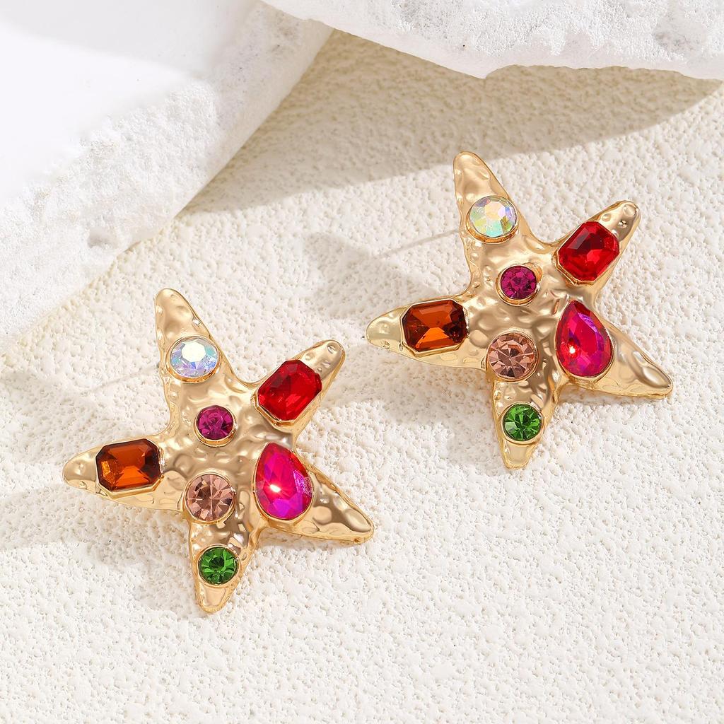 Fashion Versatile High End Personality Sea Star Inlaid Colored Imitation Diamond Design Earrings For Women