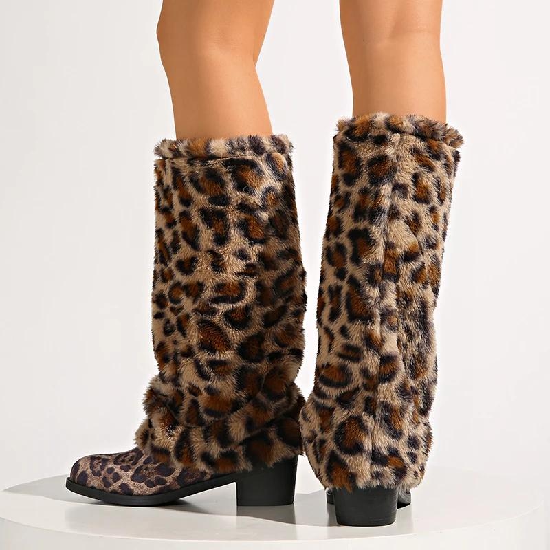 Modische Langstiefel mit Leopardenmuster für Damen Winter High Heels Knielange Stiefel Damen Übergröße 42 Zum Hineinschlüpfen Dicke Absätze Botas