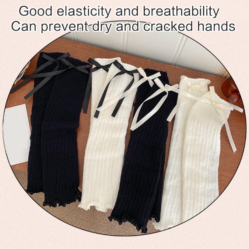 Women Sweet Bowknot Arm Leg Sleeves Ruffled Trim Sun Protective Ribbed Knit Arm Leg Covers Fingerless Gloves Accessories