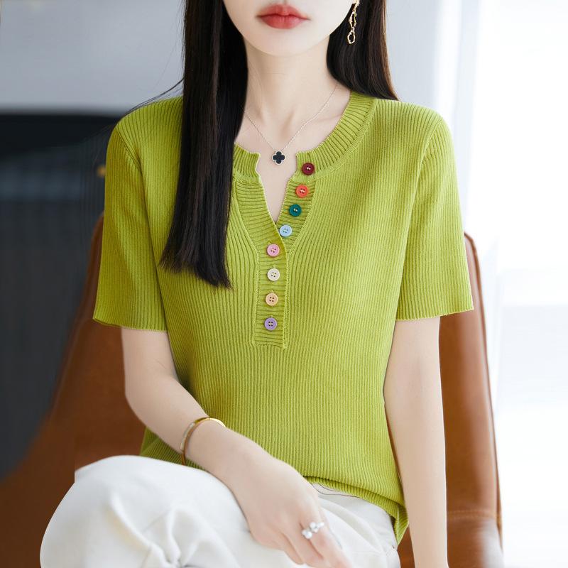 Design-inspired Button-up Knitted Short-sleeved T-shirt for Women, New Style, Summer Lightweight Base Layer