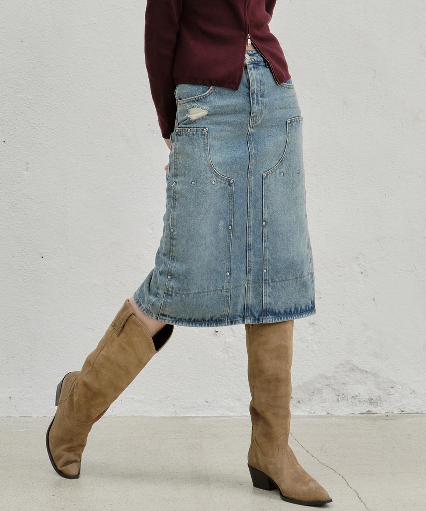 Plack Woman Rivet Point Midi Denim Skirt Mid Blue