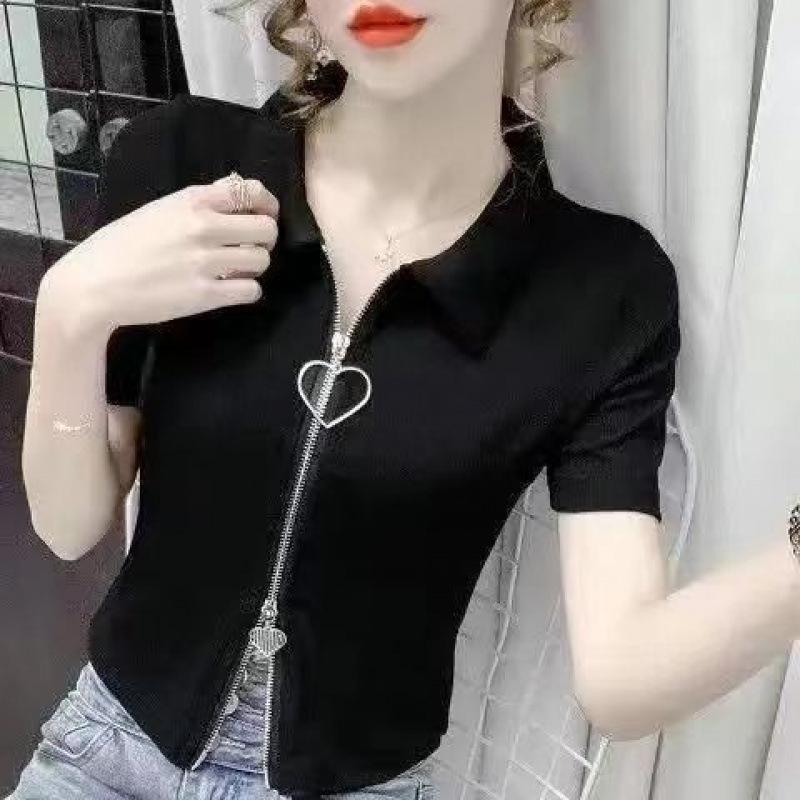 Women's Turn Down Collar Short Sleeve Blouse Loose Fit Cropped Zip Front Solid Color Korean Casual Summer Crop Shirt Top