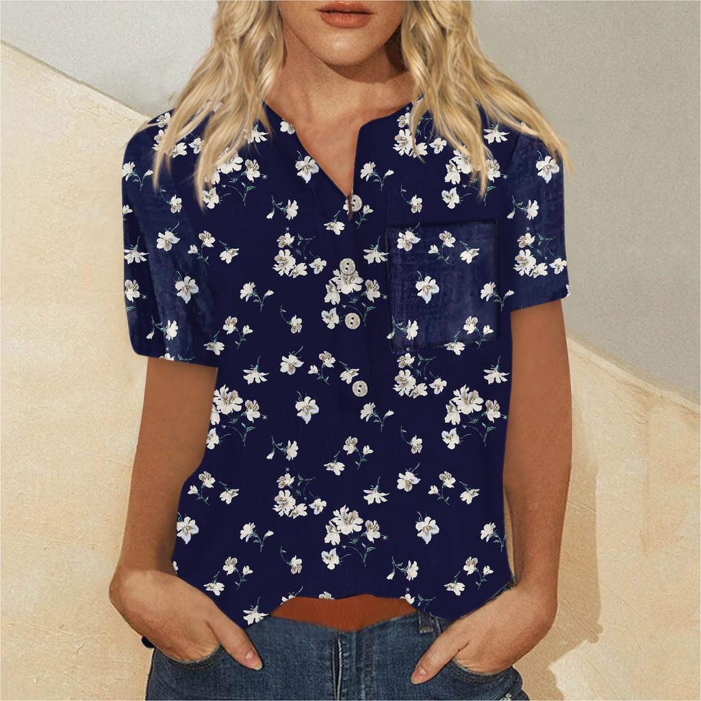 Damenmode-Hemd mit bedrucktem Muster, Knopfleiste und Brusttasche, kurzärmelig