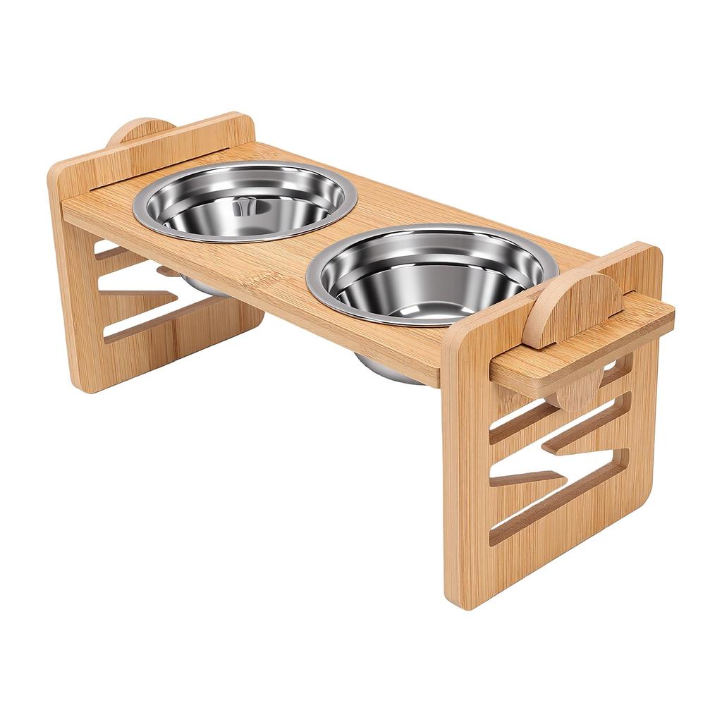 Adjustable Elevated Dog Bowls Tilted Wood Stainless Steel Raised Pet Food Bowls for Small Medium Dogs Cats