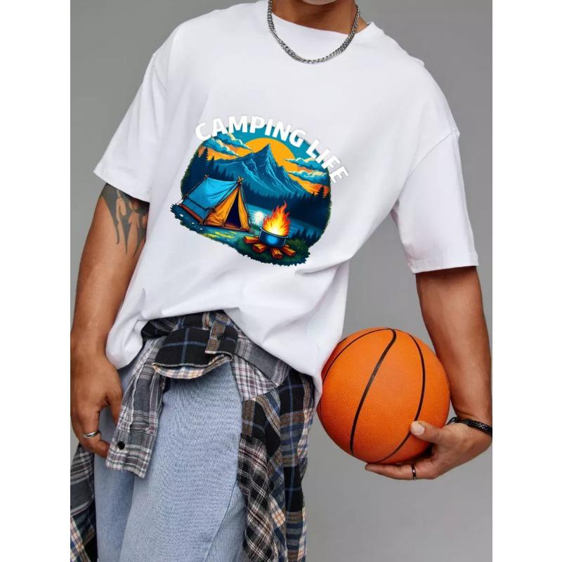 Camping Life T-Shirt White Mountain Tent Campfire Scene Outdoor Adventure Design for Nature Lovers Hiking and Camping Activities