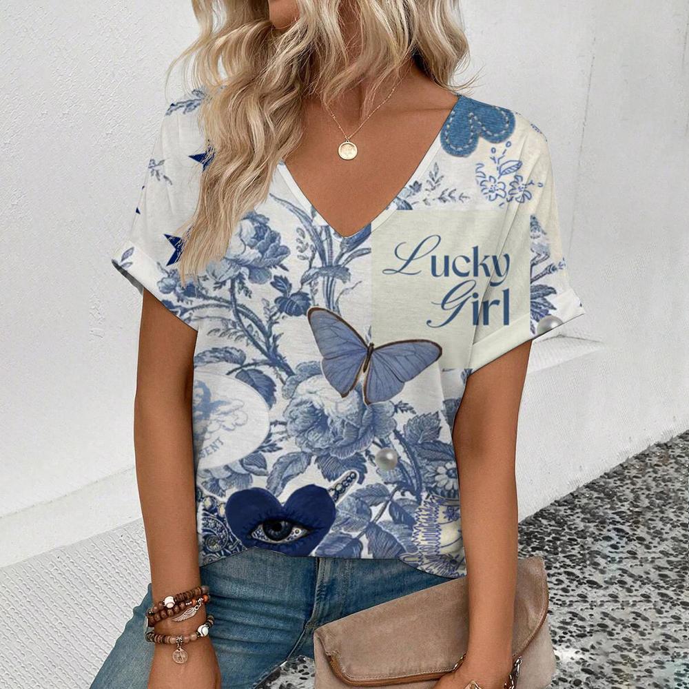 

Women s Elegant V-neck T-shirt Blue Flowers Print T-shirt Fashion Summer Large Size Short Sleeved T-shirt Daily Leisure T-shirt